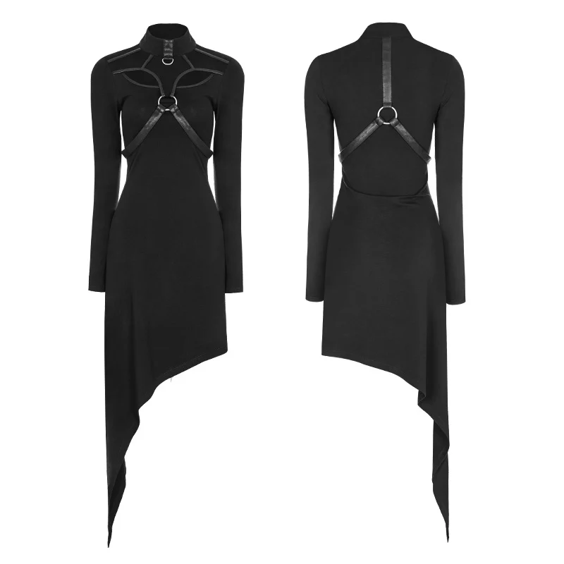 Asymmetrical Black Harness Design Knit Punk Dress - Image 4