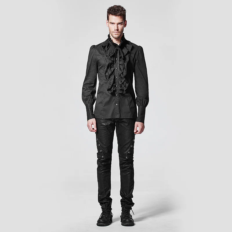 Black Bubble Long Sleeve Gothic Shirt With Lace High Collar - Image 11