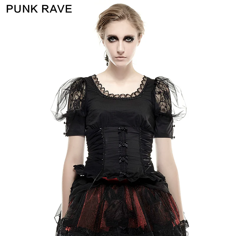 Black Elastic Pastoral Style Gothic Shirts Lace Lolita Blouse