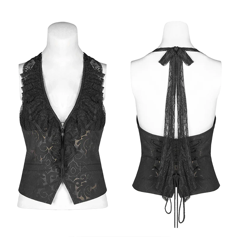 Black Gold Dark Flower Hanging Neck Lace Vest - Image 4