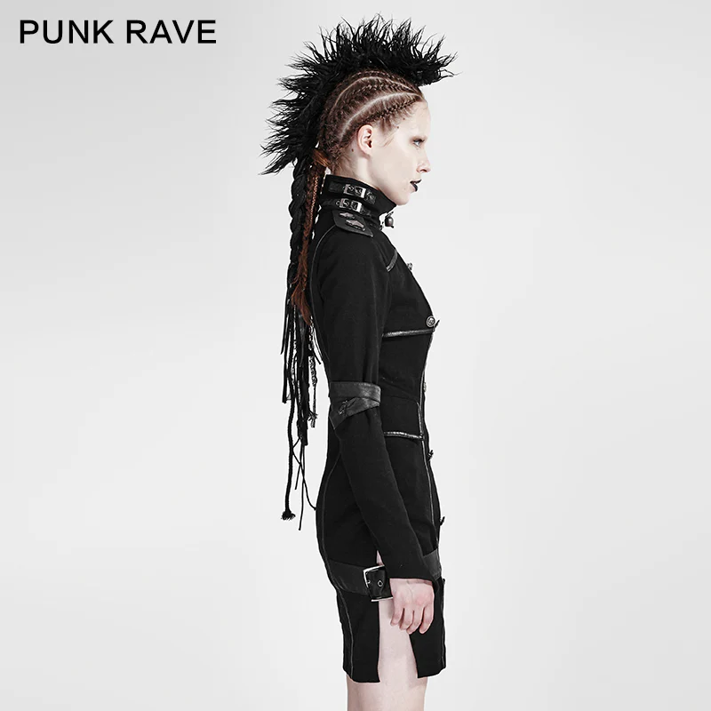 Black High Collar Long Sleeves Skinny Military Punk Dress - Image 2
