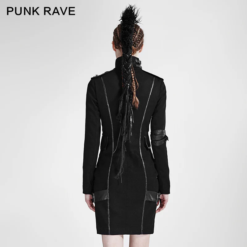 Black High Collar Long Sleeves Skinny Military Punk Dress - Image 3