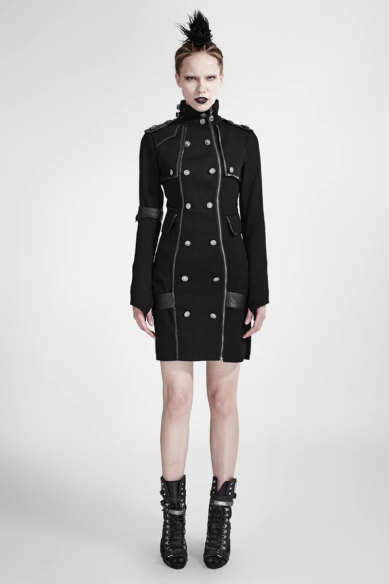 Black High Collar Long Sleeves Skinny Military Punk Dress - Image 6