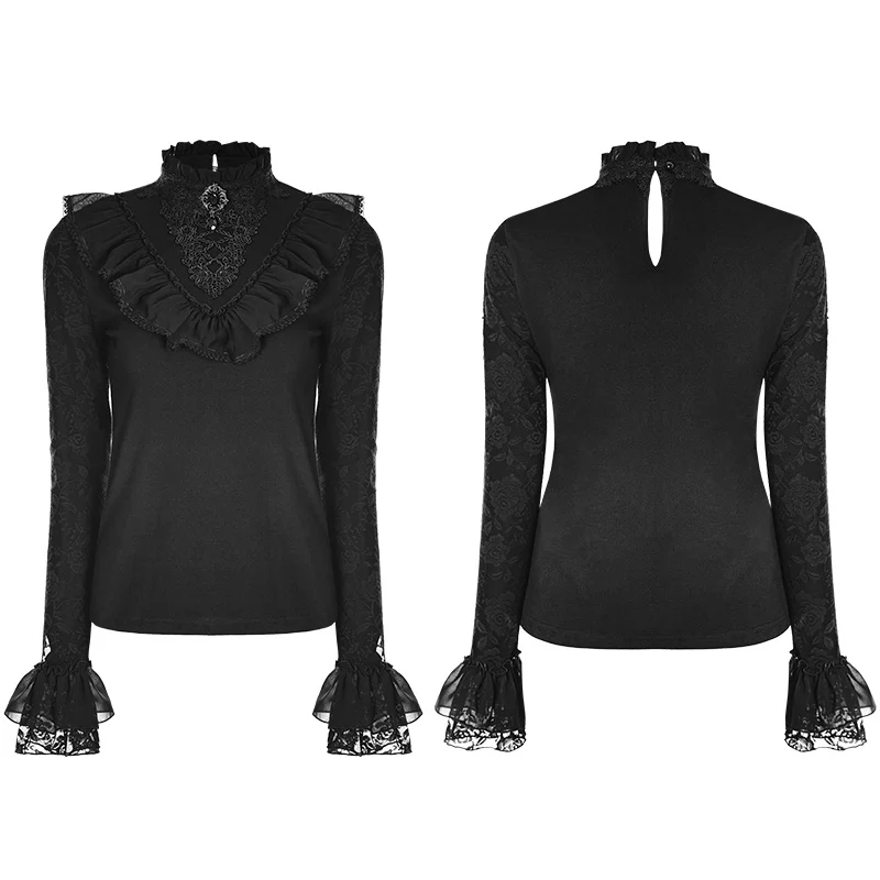Black Lace Stand Collar Lolita T-Shirts For Women - Image 4