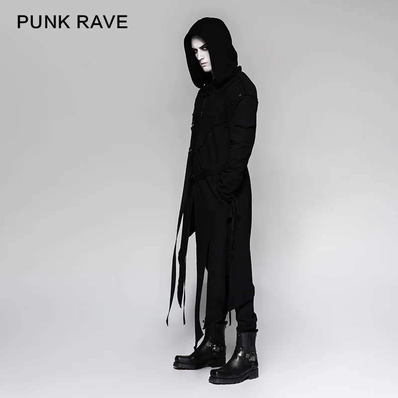 Black Men's Hooded Long Sweater Punk Jacket With Stripes - Image 2