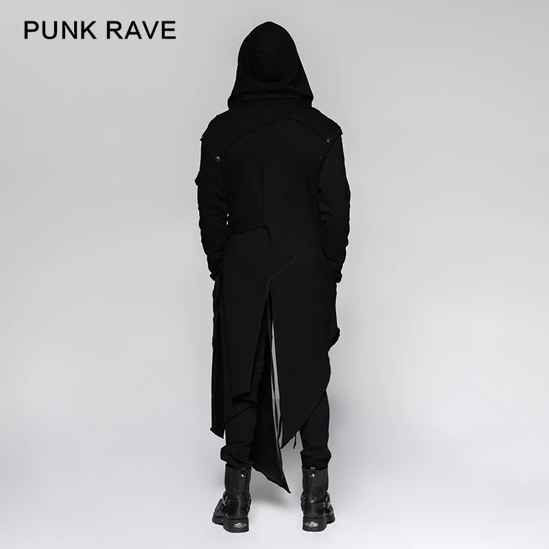 Black Men's Hooded Long Sweater Punk Jacket With Stripes - Image 3