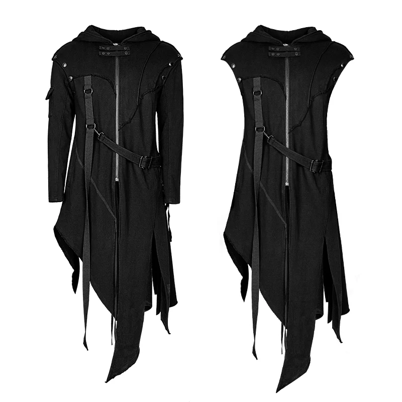 Black Men's Hooded Long Sweater Punk Jacket With Stripes - Image 4