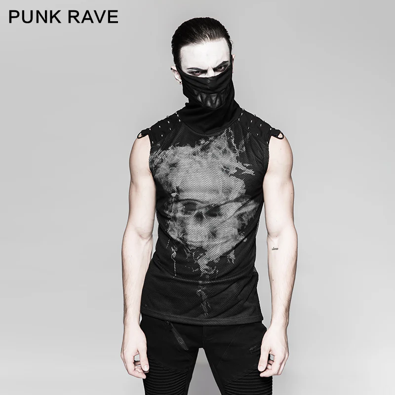 Black Rivets Puff Printing Knitted Collar Men Sleeveless Punk Vest - Image 6