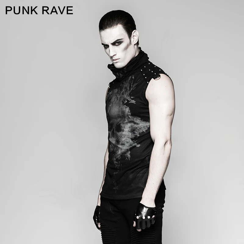 Black Rivets Puff Printing Knitted Collar Men Sleeveless Punk Vest - Image 7