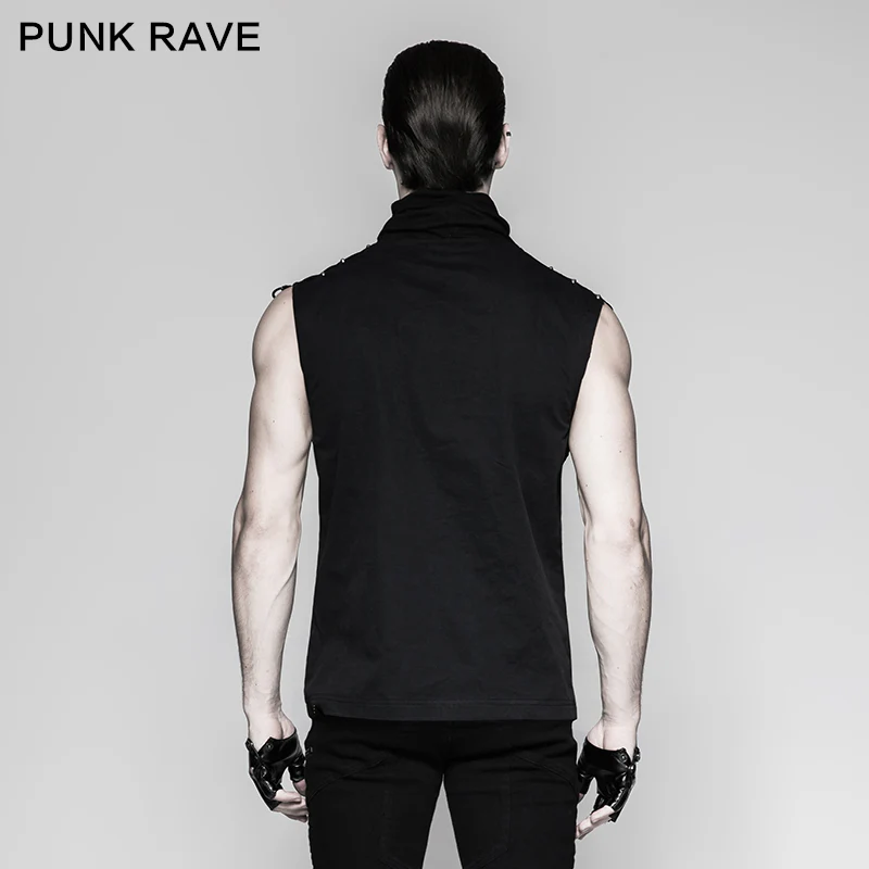 Black Rivets Puff Printing Knitted Collar Men Sleeveless Punk Vest - Image 8