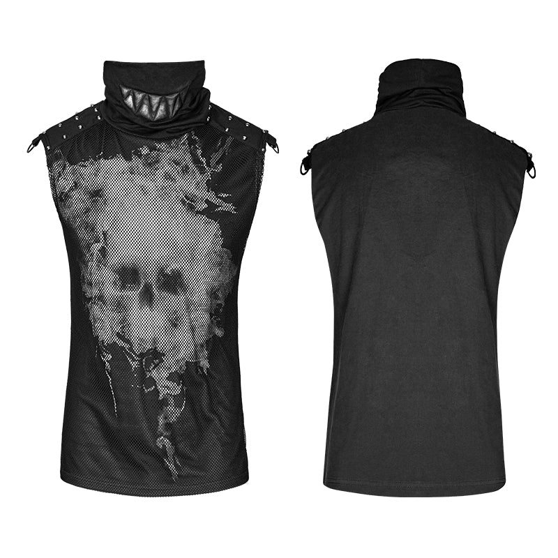 Black Rivets Puff Printing Knitted Collar Men Sleeveless Punk Vest - Image 9