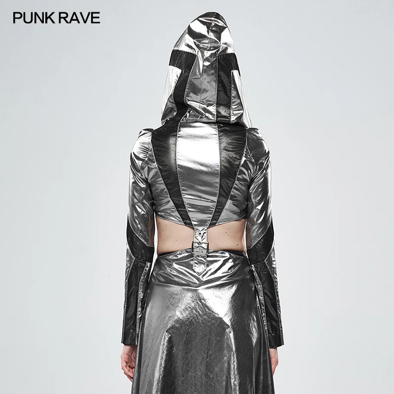 Cosmic Warrior Glossy Hollow Detachable Hem Medium-length Coat - Image 13