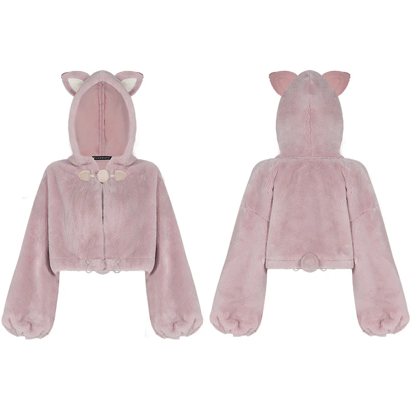 Cute ears drawstring cap short coat - Image 9