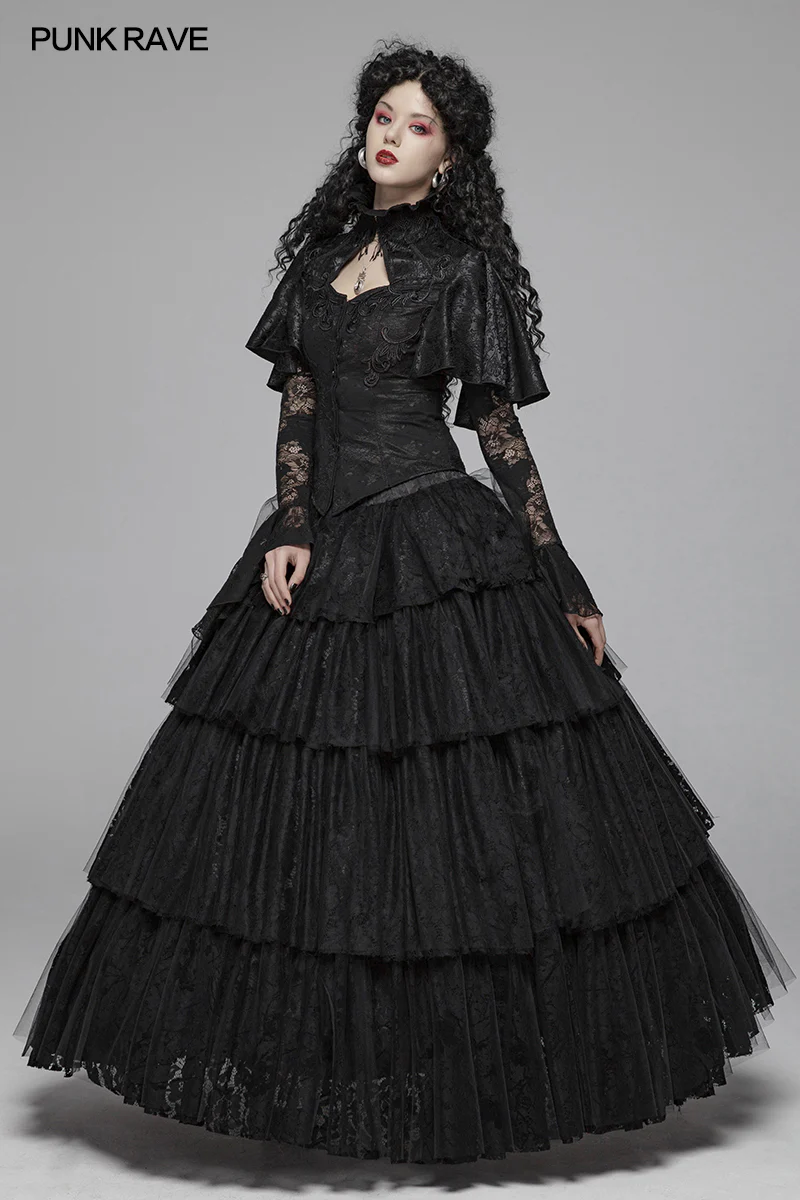 Dark Gothic Long Lace Tiered Skirt Ball Gown Dress - Image 6