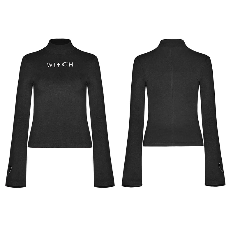 Dark High Collar "Witch" Trumpet Sleeve Knitted Top - Image 4
