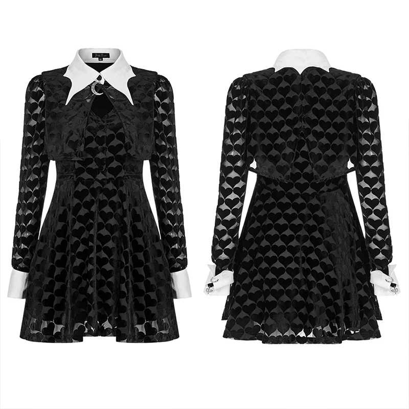 Dark peach heart shadow flower bat white collar little black dress - Image 4