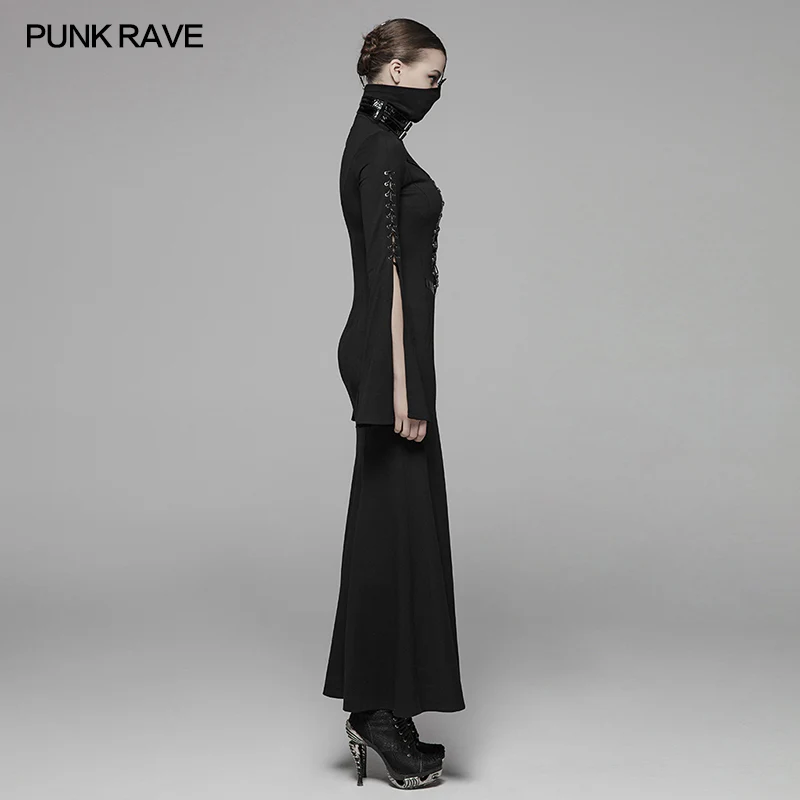 Dark Punk High Collar Cross Decoration Long Dress With A Mask - Image 2