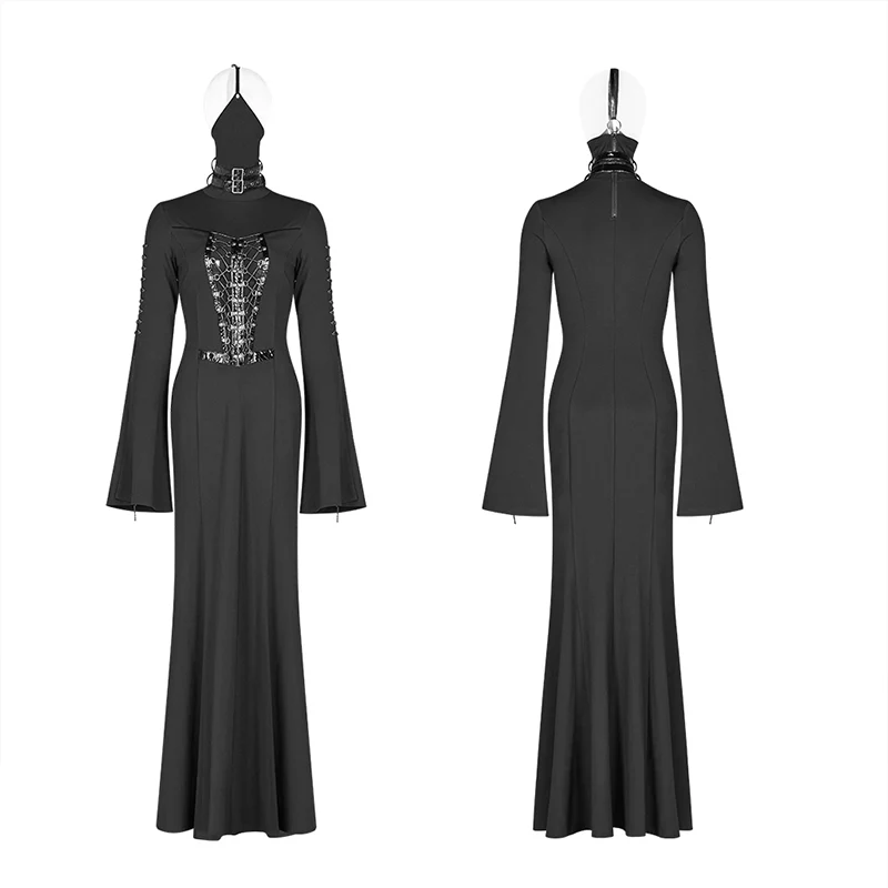 Dark Punk High Collar Cross Decoration Long Dress With A Mask - Image 4