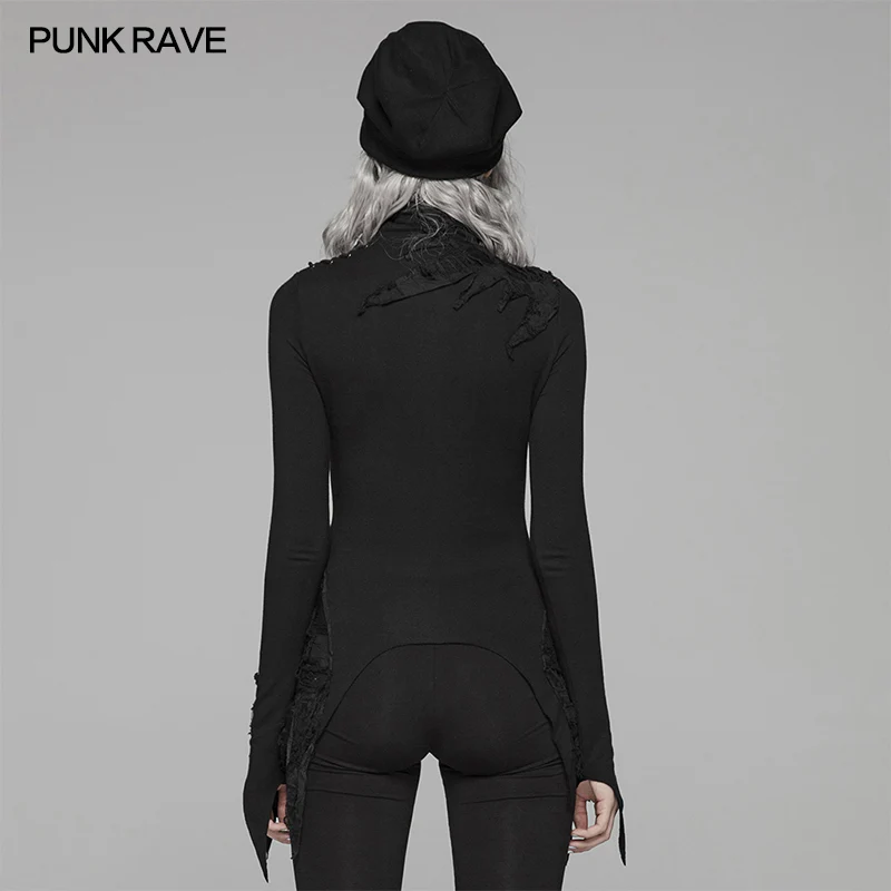 Dark Punk High Collar Long-sleeved Asymmetrical Knitting T-shirt - Image 3