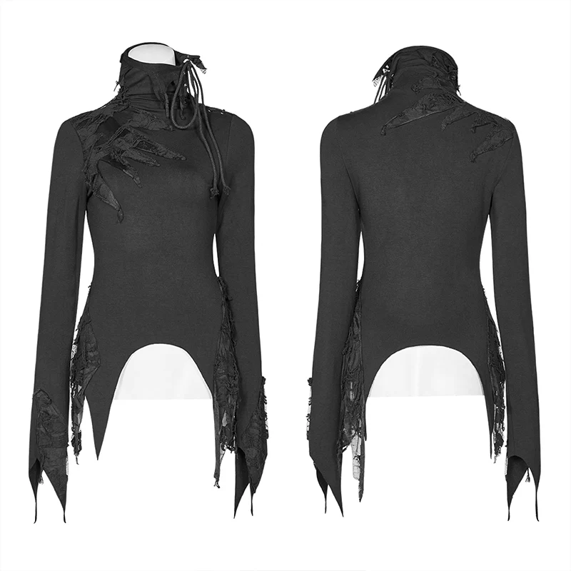 Dark Punk High Collar Long-sleeved Asymmetrical Knitting T-shirt - Image 4