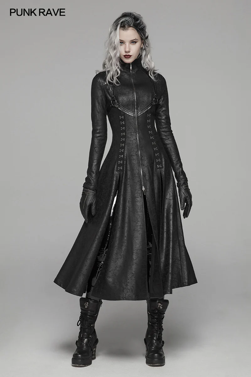 Dark Punk Slit Long Coat With Metal Double-head Zipper - Image 6