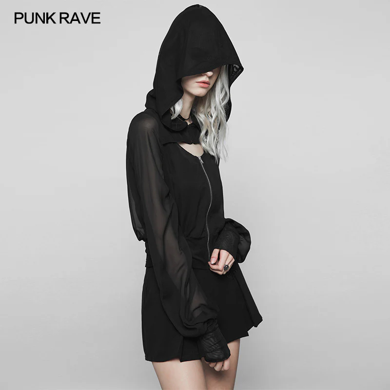Dark Sexy V Collar Chiffon Mesh Stitching Short Punk Coat With Hood - Image 2