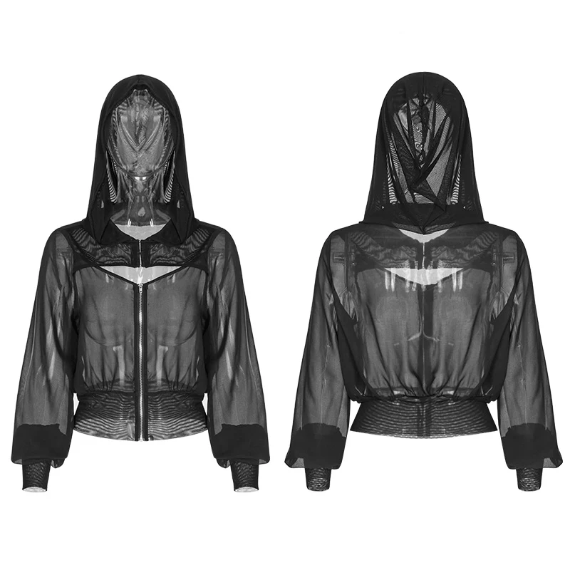 Dark Sexy V Collar Chiffon Mesh Stitching Short Punk Coat With Hood - Image 4