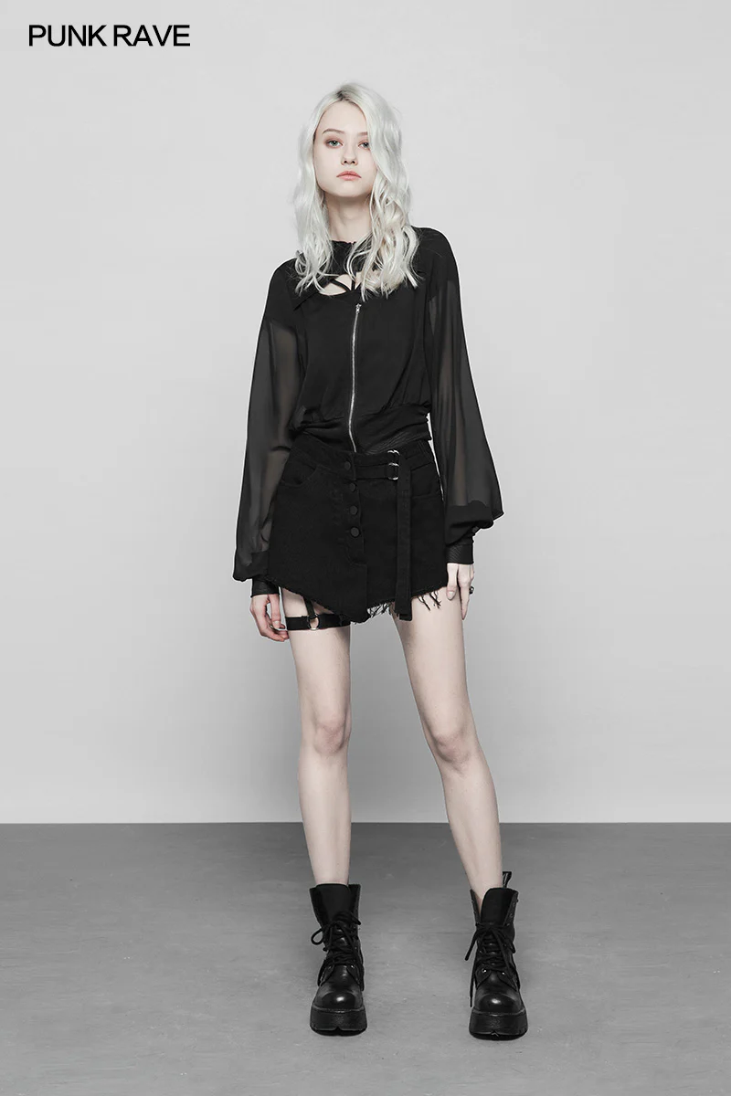 Dark Sexy V Collar Chiffon Mesh Stitching Short Punk Coat With Hood - Image 6