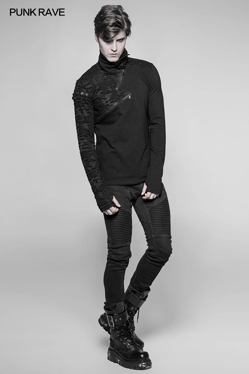 Decadent Punk S-shaped Zipper Knitting T-shirt Personality Mosaic High Collar Sweater - Image 6