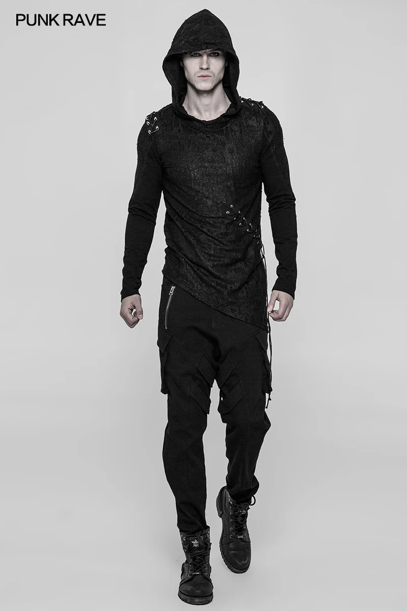 Diablo Assassin Punk Hooded T-shirt Asymmetric Personality Top For Men - Image 6