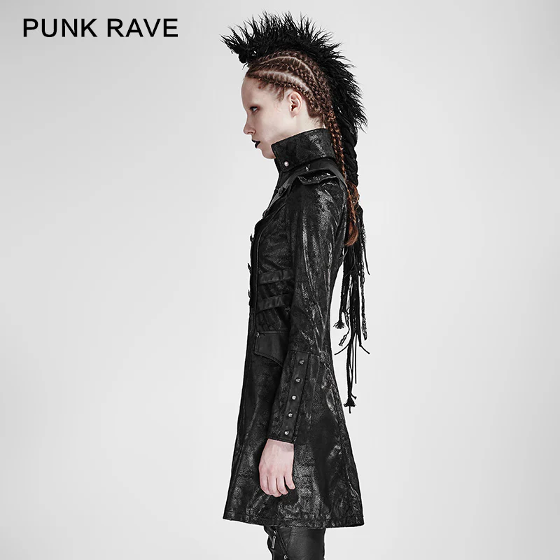 Fashion Black Long Leather Punk Trench Coats With Standing Collar - Image 2