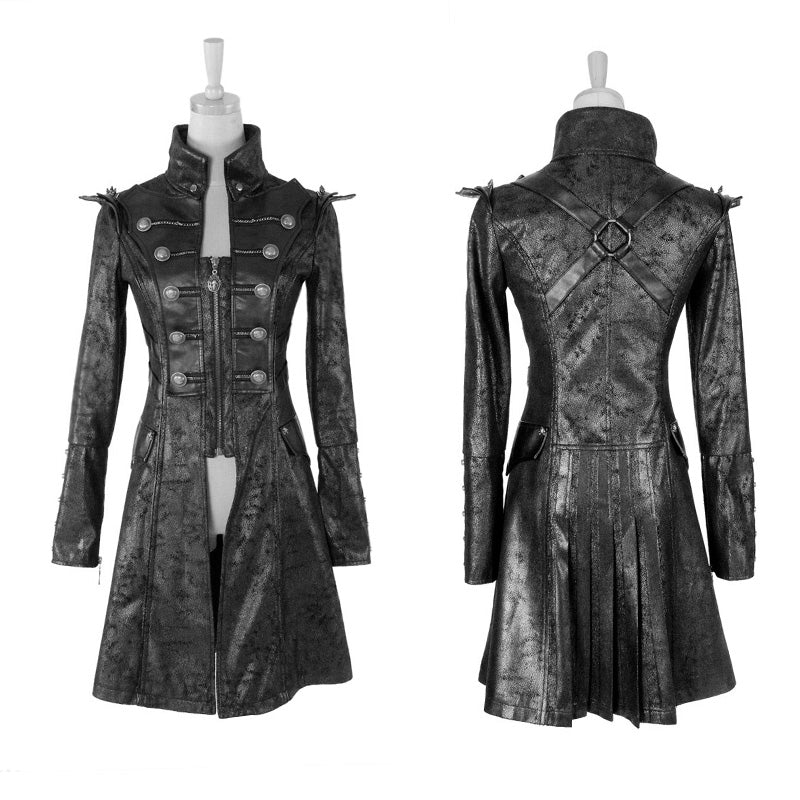 Fashion Black Long Leather Punk Trench Coats With Standing Collar - Image 4