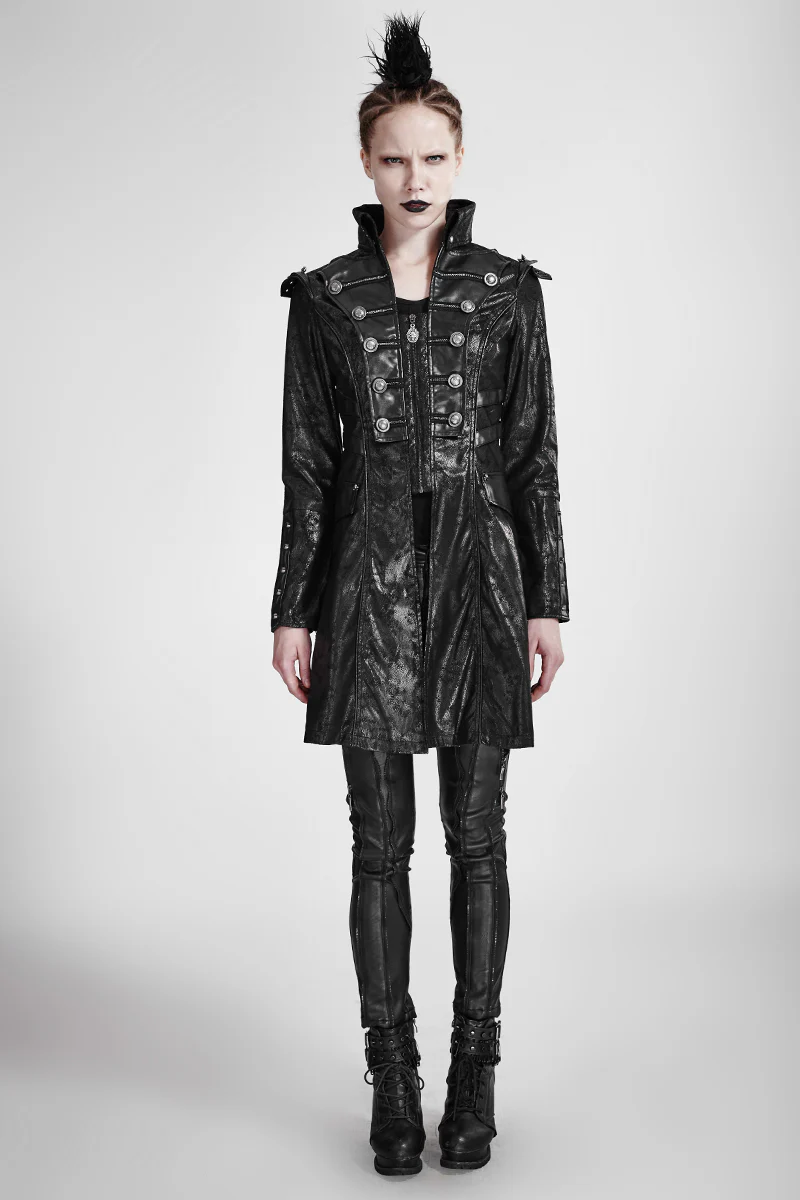 Fashion Black Long Leather Punk Trench Coats With Standing Collar - Image 6