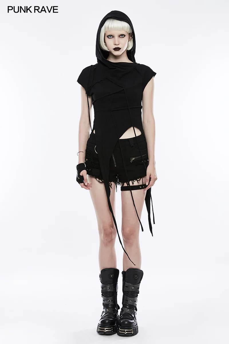 Fashion Slant Hat Mosaic Punk T-shirt Irregular Top - Image 6