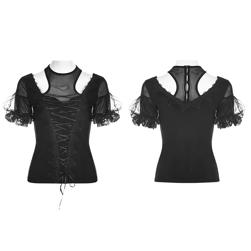 Gorgeous Stretch Blouse Short Sleeve Gothic T-shirt With Lace - Image 4