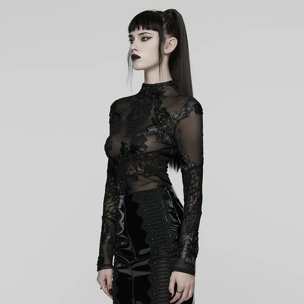 Goth 3D Floral Mesh Lace Undershirt - Image 2