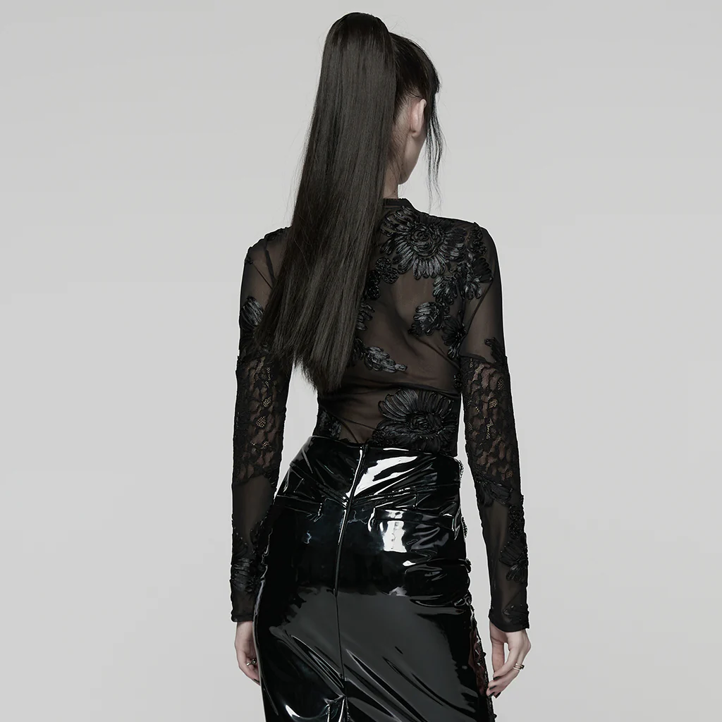 Goth 3D Floral Mesh Lace Undershirt - Image 3