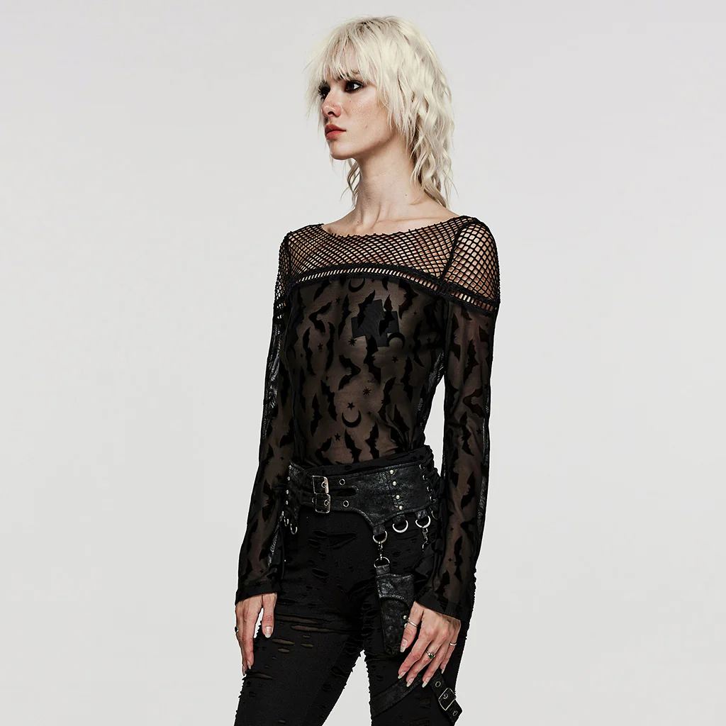 Goth bat flocked mesh T-shirt - Image 5