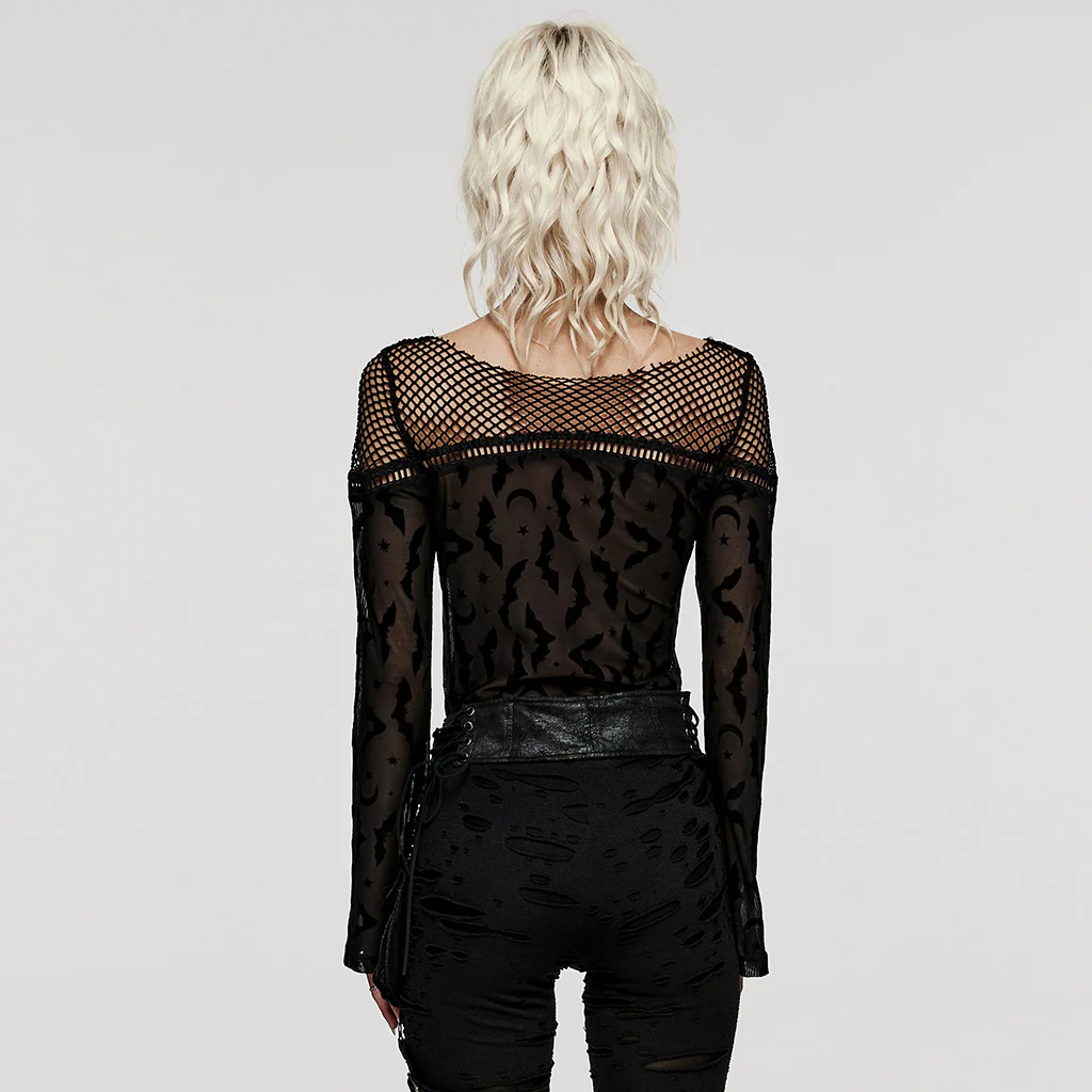 Goth bat flocked mesh T-shirt - Image 6