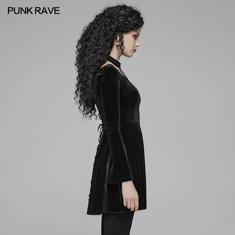 Gothic Daily Cross Halter-Neck Long Sleeve Velvet Short Dress For Women - Image 2