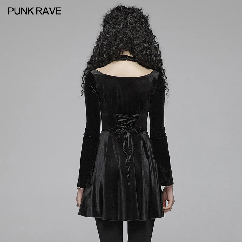 Gothic Daily Cross Halter-Neck Long Sleeve Velvet Short Dress For Women - Image 3
