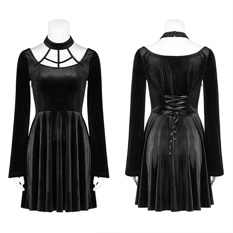 Gothic Daily Cross Halter-Neck Long Sleeve Velvet Short Dress For Women - Image 4