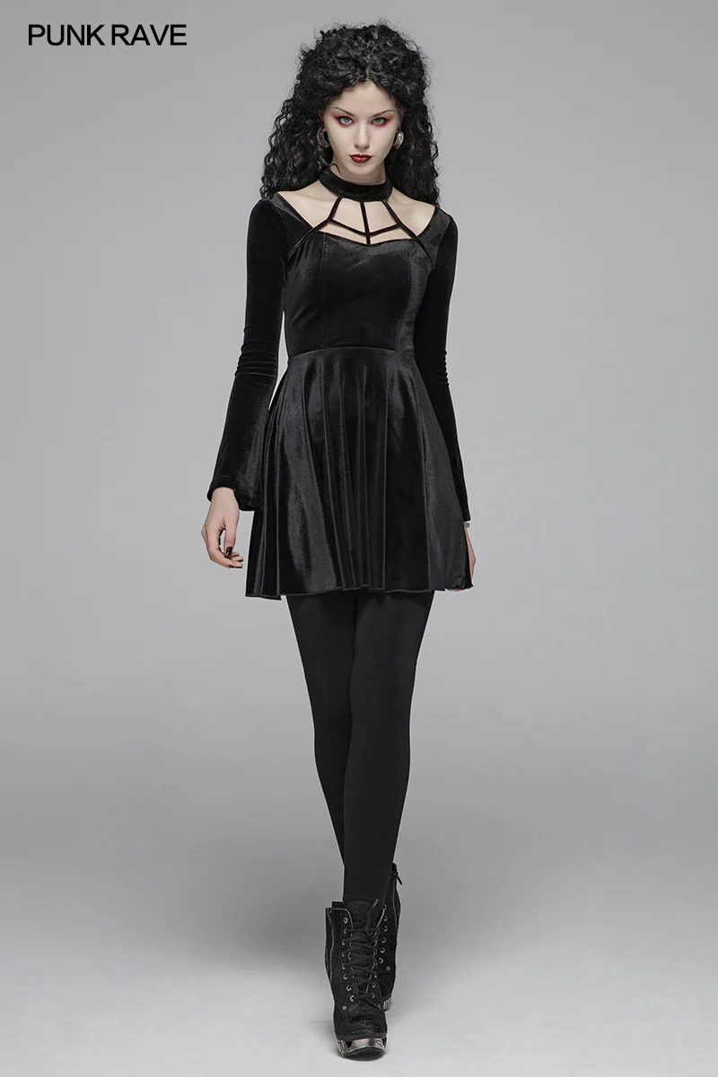 Gothic Daily Cross Halter-Neck Long Sleeve Velvet Short Dress For Women - Image 6