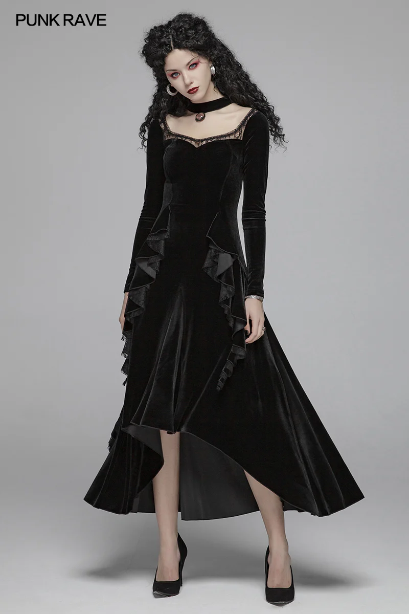 Gothic Daily Women Long Sleeve Velvet High-low Long Dress With Lace - Image 6