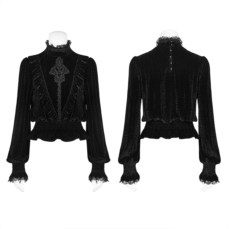 Gothic Middle Collar Dark-grain Velvet Blouse For Women - Image 4