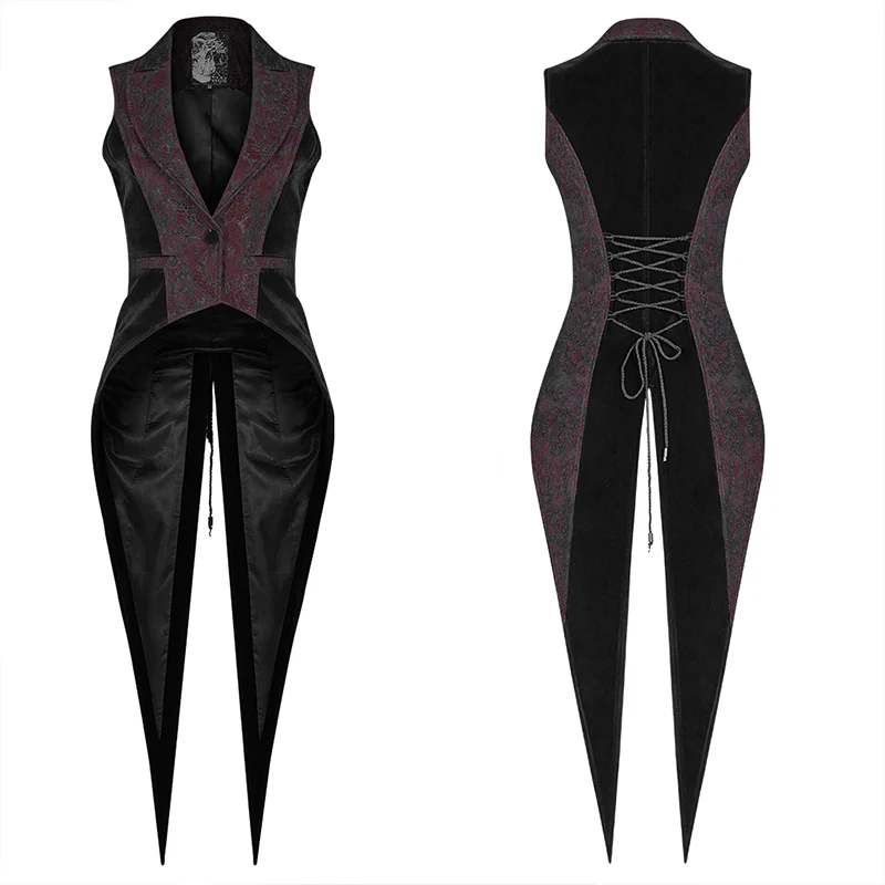 Gothic Red And Black Tuxedo Vest V-neck Tailcoat For Women - Image 4