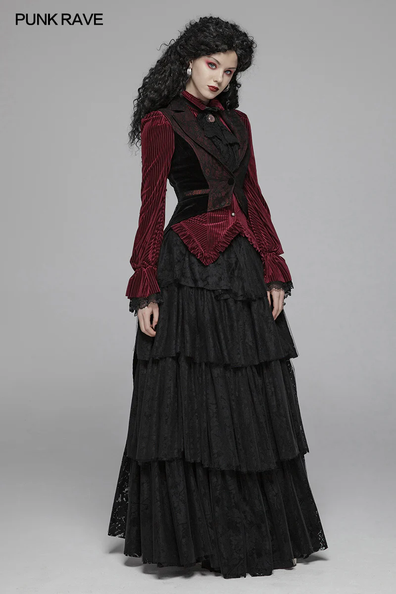 Gothic Red And Black Tuxedo Vest V-neck Tailcoat For Women - Image 6