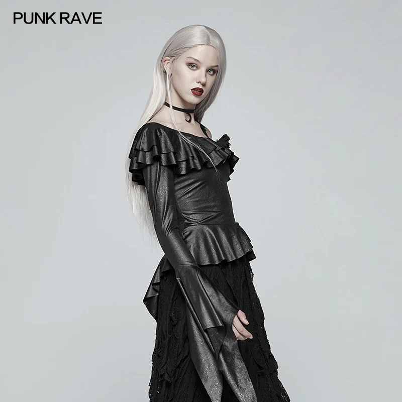 Gothic Stretch Dark Pattern Asymmetric Collar Top With Ruffle Cuff - Image 2