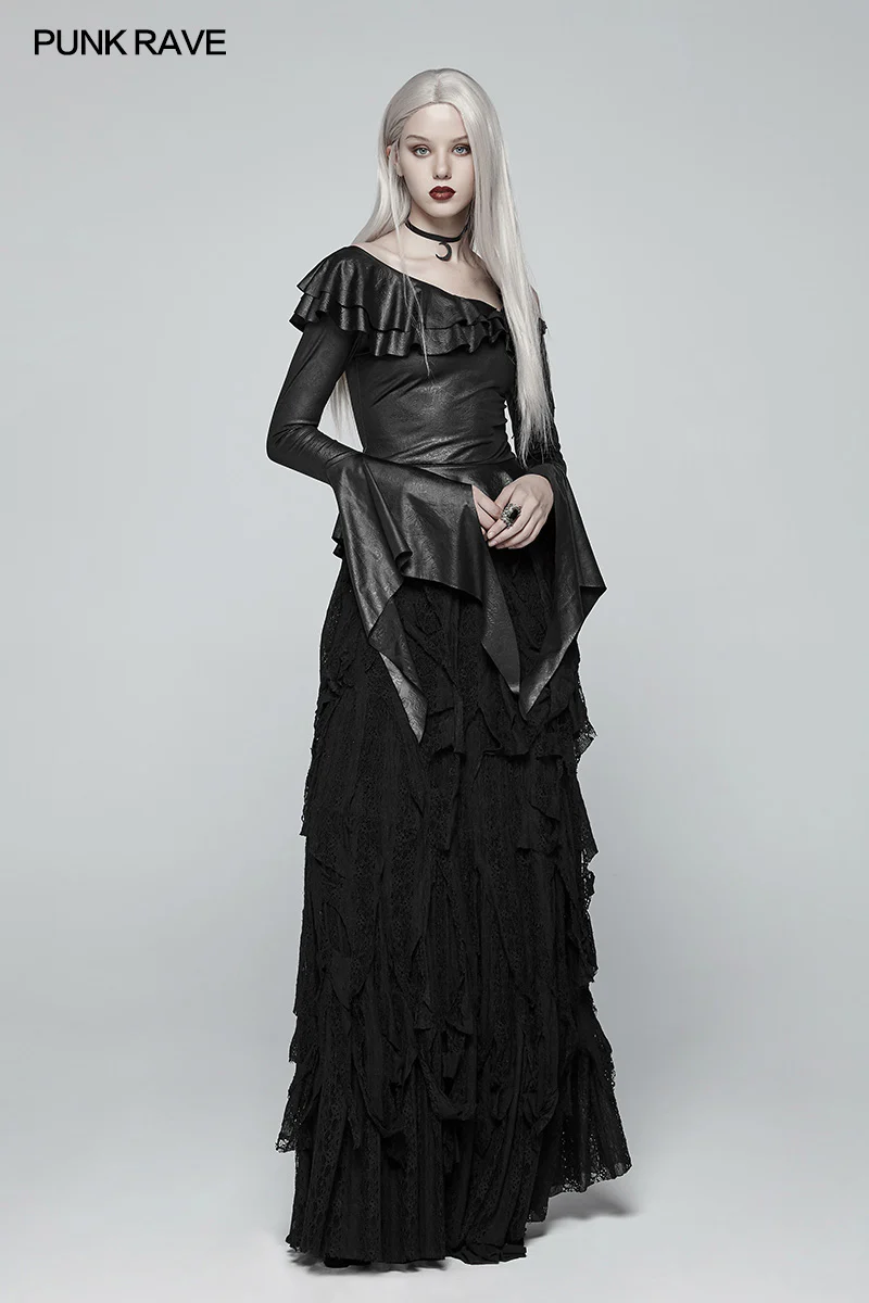 Gothic Stretch Dark Pattern Asymmetric Collar Top With Ruffle Cuff - Image 6