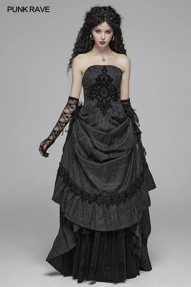 Gothic Women Tube Jacquard Long Skirt Lace-up Ball Gown Dress - Image 6